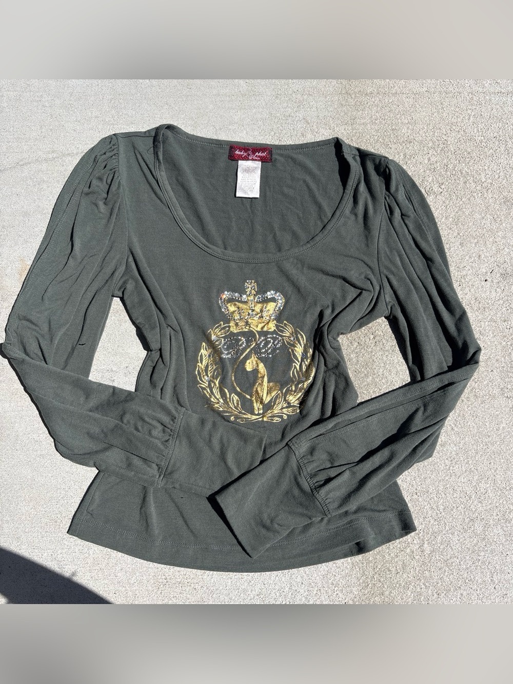 Baby Phat Olive Long Sleeve Scoop Neck Top with Gold Crest